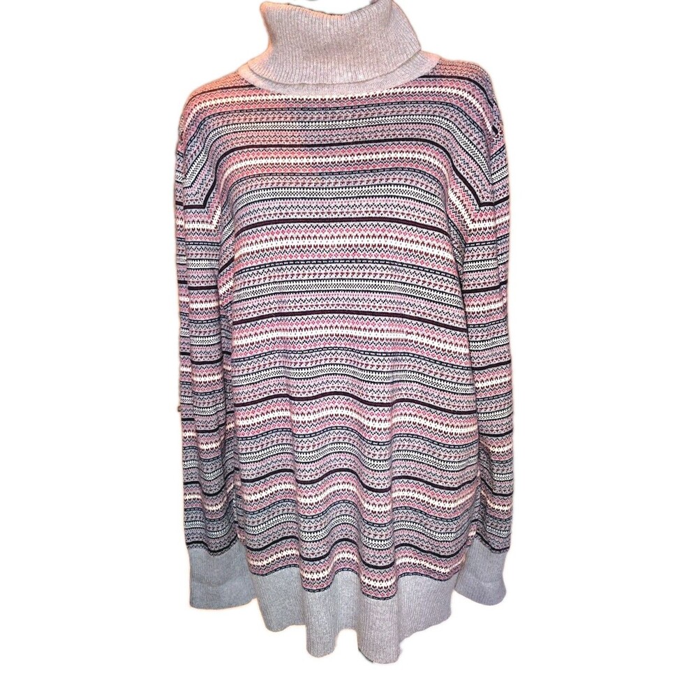 L.L.Bean 2X Plus Gray Striped Turtleneck Knit Pullover Sweater Cotton Cashmere